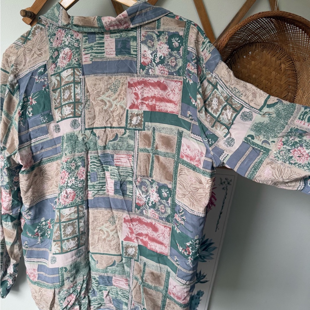 Vintage Silk Floral Patchwork Button Down Shirt - image 3
